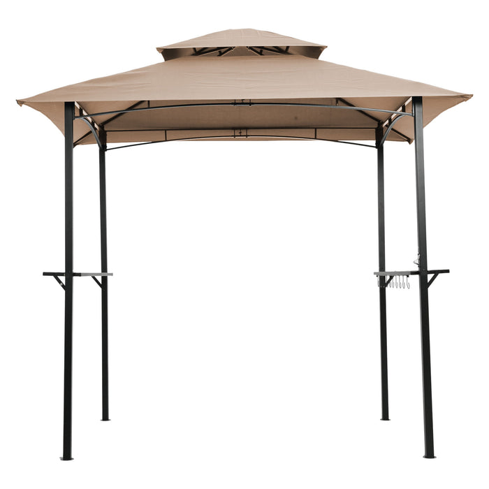 Giga outdoor grill gazebo with double-tier soft top canopy, steel frame, bar counters, and hooks for outdoor cooking and shade.