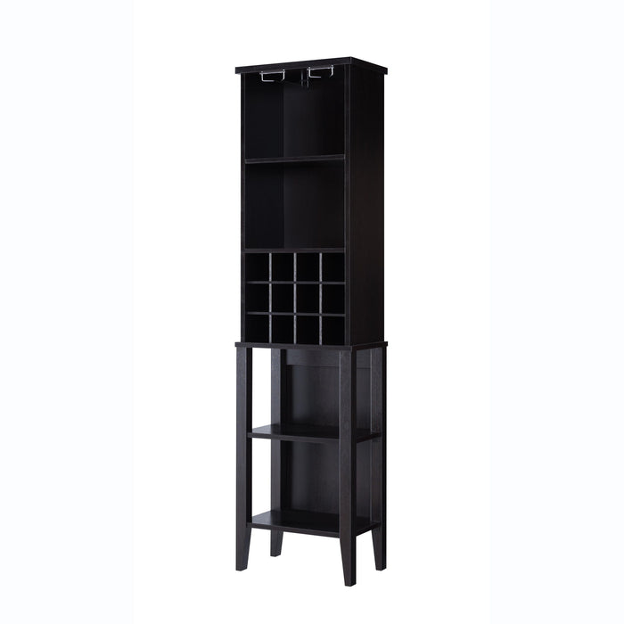 Giga wooden wine bottle rack with four shelves, red cocoa and espresso finish, designed to hold wine bottles and glasses securely.