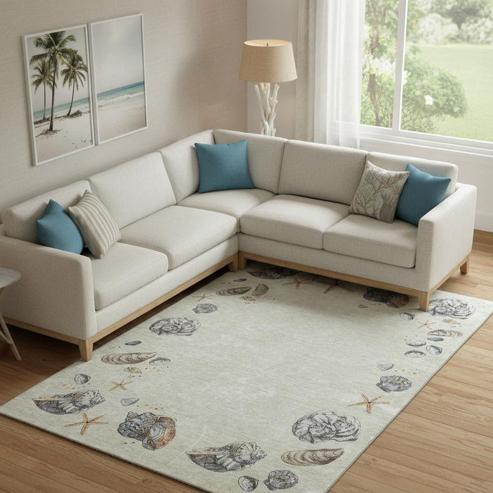 9' X 12' Geometric Washable Area Rug With UV Protection (646054) - Linen / Ivory / Beige