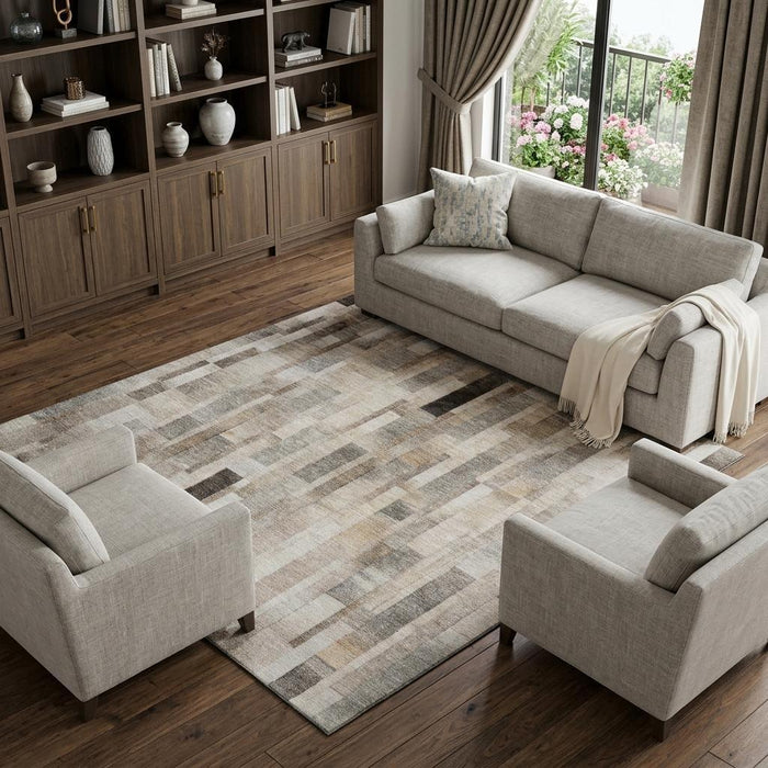 10' X 14' Striped Washable Area Rug With UV Protection (695366) - Taupe / Ivory / Gray