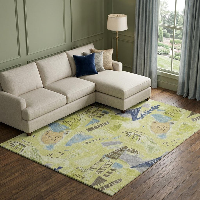 10' X 14' Geometric Washable Area Rug With UV Protection (694502) - Artichoke Green / Blue / Green