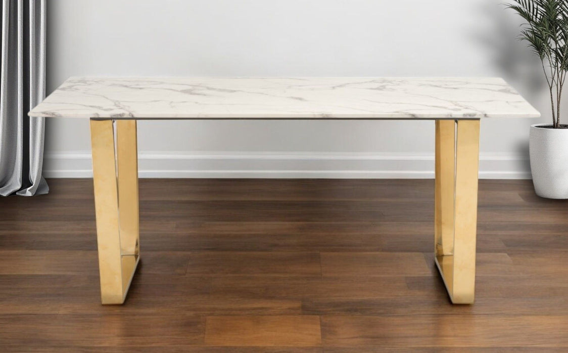 71" Faux Marble And Steel Sled Base Dining Table - White / Gold