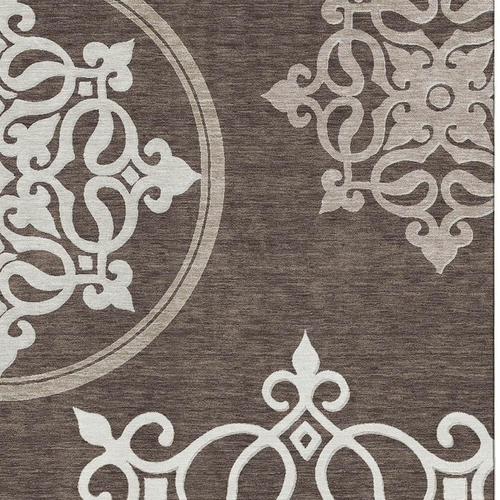 10' X 14' Floral Medallion Washable Area Rug With UV Protection (669510) - Chocolate / Ivory