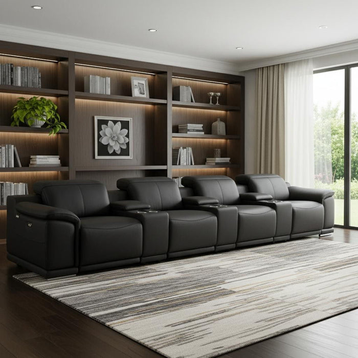 Italian Leather Reclining Metal USB Sofa (720412) - Black