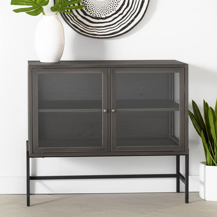 36" Solid Wood And Metal Display Cabinet With Two Doors - Black / Brown