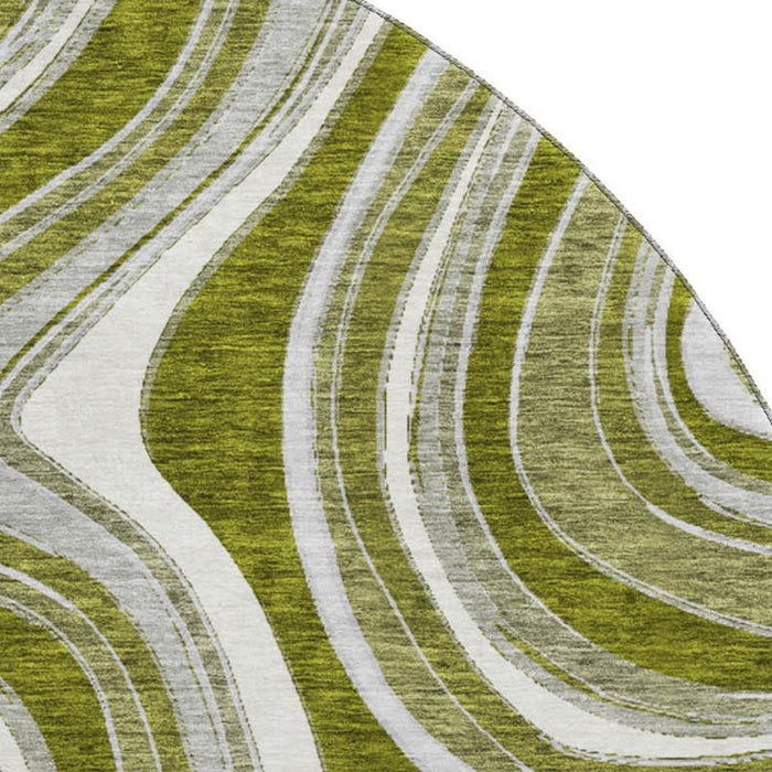 8' Marble Washable Round Rug With UV Protection - Olive Green