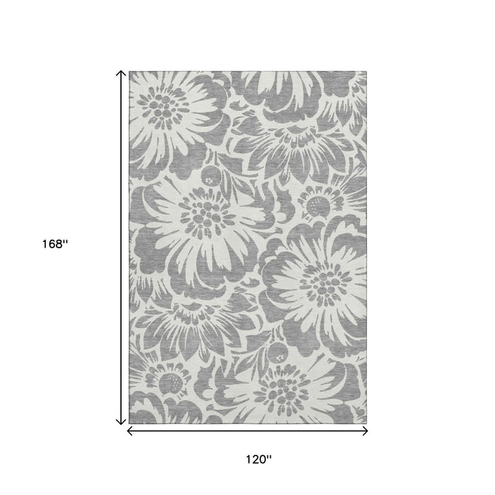10' X 14' Floral Washable Area Rug With UV Protection (648652) - Gray / Ivory