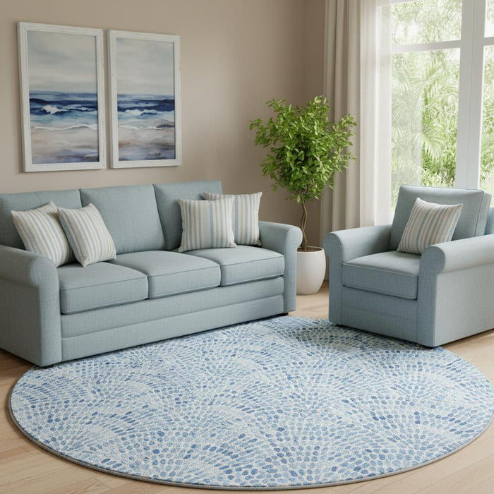 8' Geometric Washable Round Rug With UV Protection (645855) - Blue / Ivory
