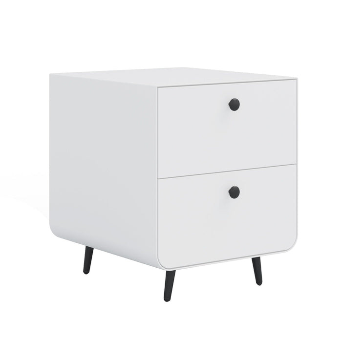 White Giga modern nightstand with two drawers, circular handles, steel construction, ideal as bedroom or living room bedside storage.