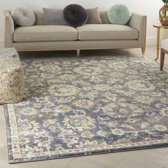 8' X 10' Transitional Floral Distressed Area Rug - Charcoal