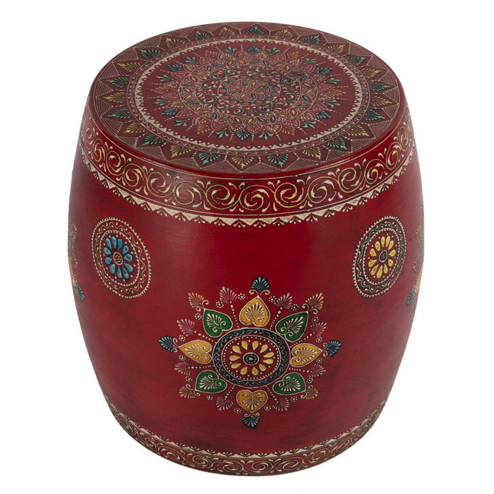 18" Iron Hand Painted Floral Round Drum End Table - Red