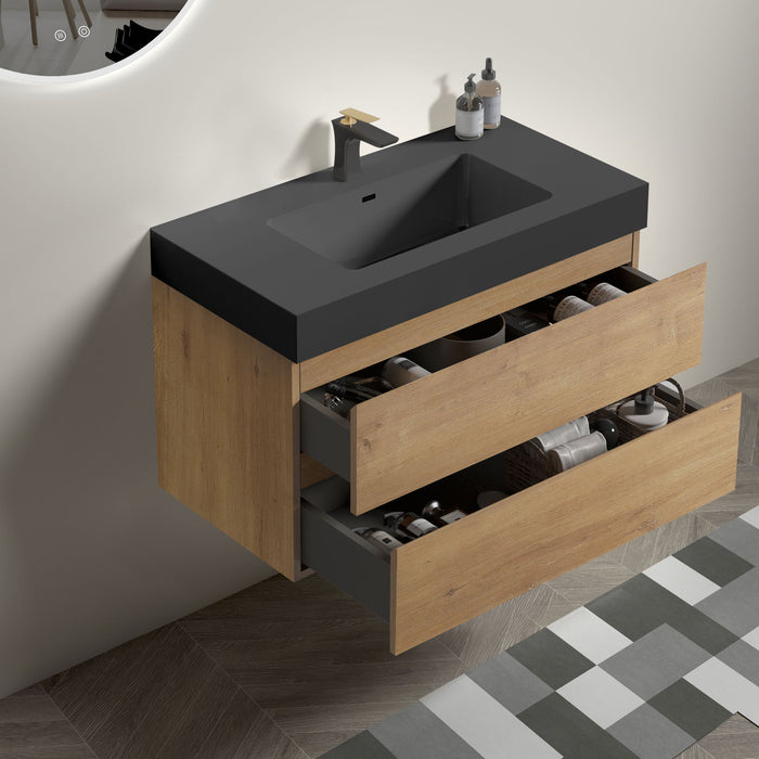 Giga Alice natural oak bathroom vanity with integrated sink, wall-mounted design, large storage, and modern one-piece basin.