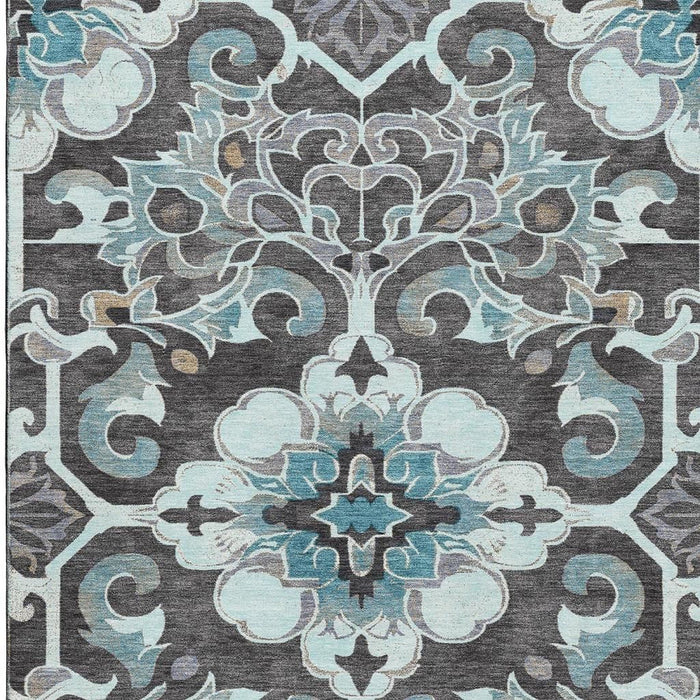 10' X 14' Floral Medallion Washable Area Rug With UV Protection (709090) - Teal / Charcoal / Gray