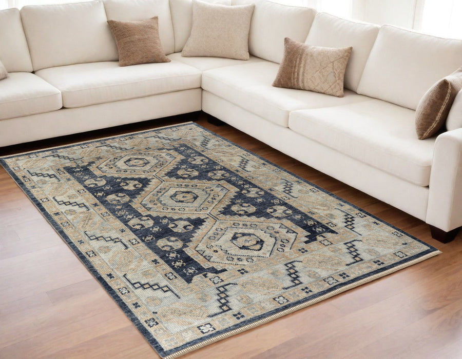 5' x 8' Wool Geometric Hand Knotted Area Rug With Fringe - Blue And Ivory