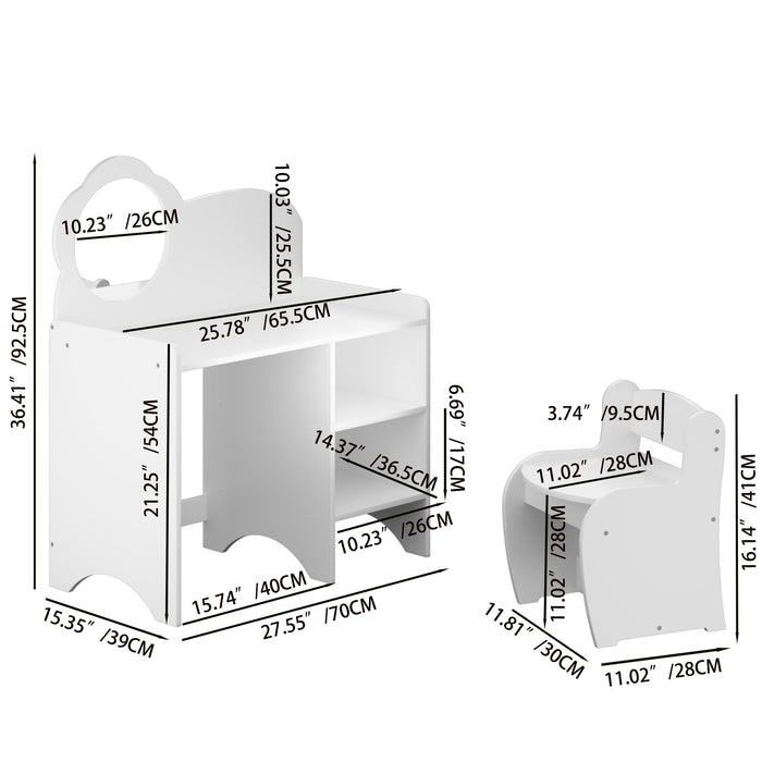 Kids vanity table with mirror, chair, and storage shelves in white, from Giga's dressing makeup vanity set for children.