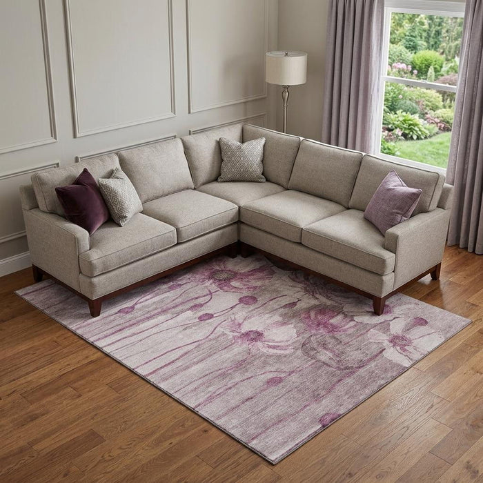 9' X 12' Floral Washable Area Rug With UV Protection (657310) - Plum / Ivory