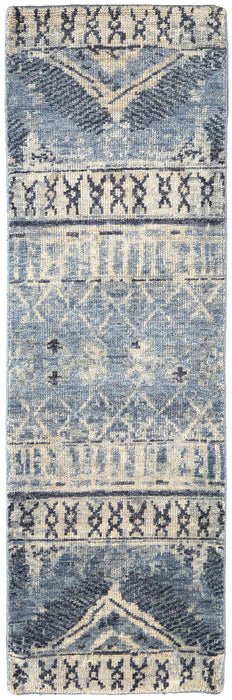 8' Wool Floral Hand Knotted Runner Rug - Gray Blue And Ivory