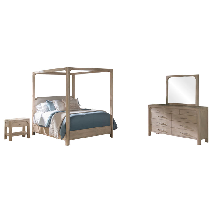 CoasterEveryday Solano 4-piece Queen bedroom set with weathered mango finish, including bed frame, dresser, and nightstands.