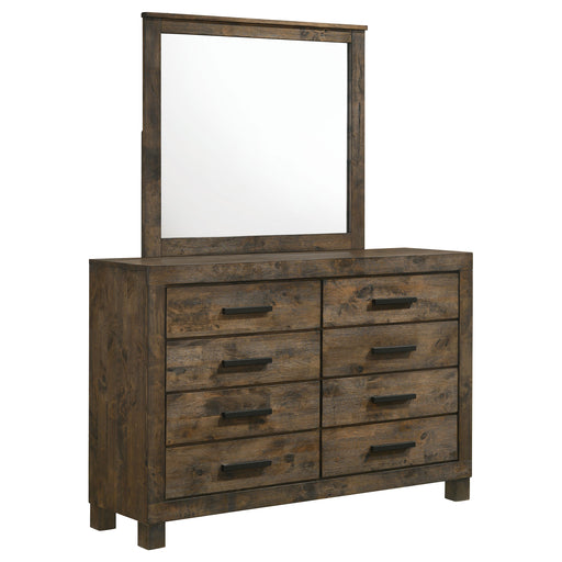 Rustic golden brown Woodmont 8-drawer dresser with attached mirror by CoasterEveryday, showcasing woodgrain and stylish hardware.