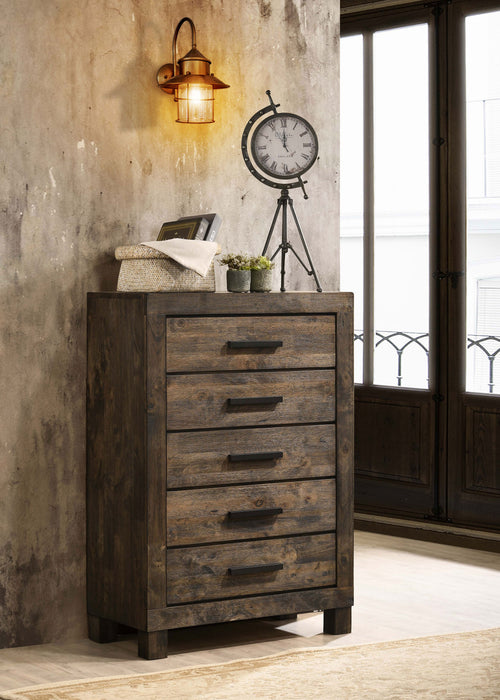 Rustic golden brown Woodmont 5-drawer bedroom chest by CoasterEveryday showing wooden drawers and sturdy construction.