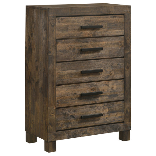 Rustic golden brown Woodmont 5-drawer bedroom chest by CoasterEveryday, showcasing wooden drawers and antique-style hardware.
