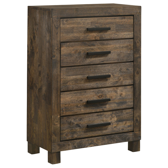Rustic golden brown Woodmont 5-drawer bedroom chest by CoasterEveryday, showcasing wooden drawers and antique-style hardware.