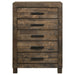 Woodmont 5-drawer rustic bedroom chest in golden brown wood finish, featuring classic furniture style and sturdy construction.