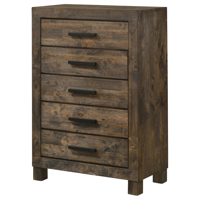 Woodmont 5-drawer bedroom chest by CoasterEveryday featuring rustic golden brown wood finish and classic furniture design.