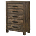 Woodmont 5-drawer bedroom chest by CoasterEveryday featuring rustic golden brown wood finish and classic furniture design.
