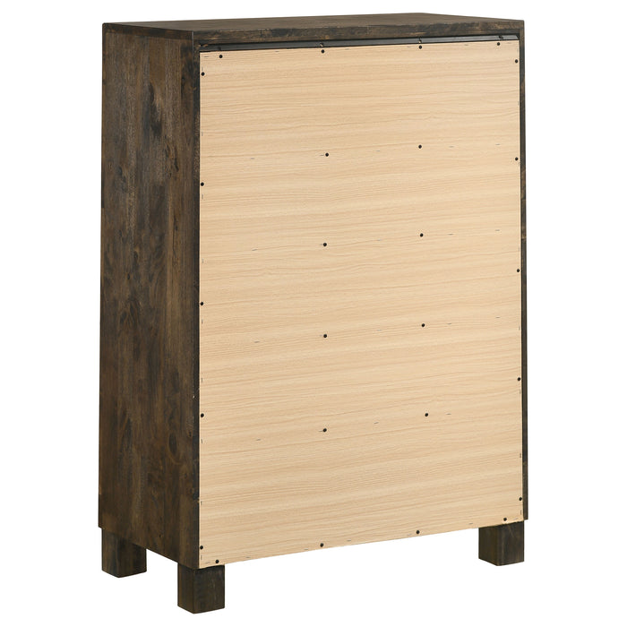 Rustic golden brown Woodmont 5-drawer bedroom chest by CoasterEveryday, showcasing a sturdy wooden furniture piece with sleek drawer handles.