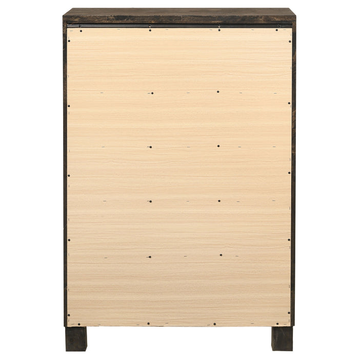 Rustic golden brown Woodmont 5-drawer bedroom chest made of wood with metal handles, showcasing a stylish furniture piece.