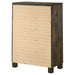 Woodmont 5-drawer bedroom chest by CoasterEveryday featuring rustic golden brown wood finish and sleek drawer handles.