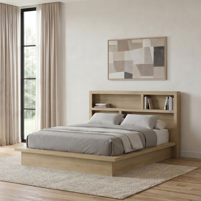 Light oak California king bookcase headboard and platform bed by CoasterEveryday, featuring built-in shelves and clean, modern design.