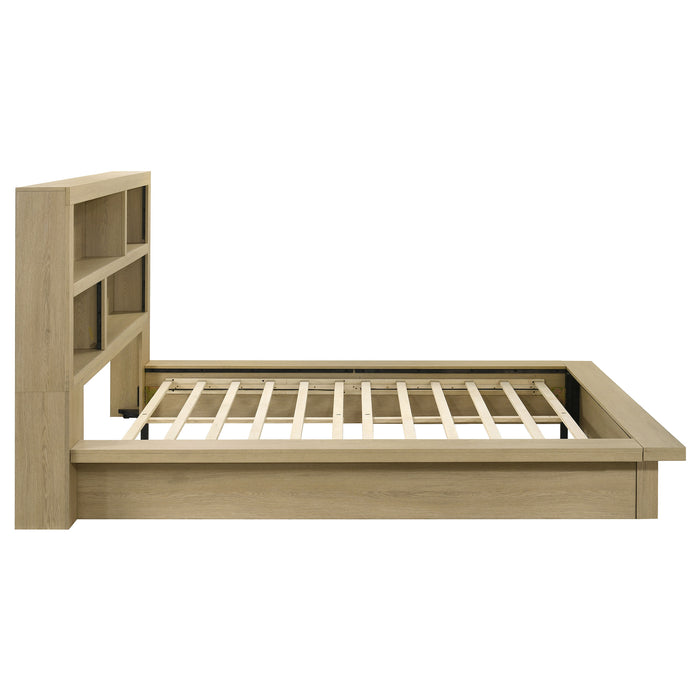 Hendricks Queen Bookcase Headboard and Platform Bed in light oak wood, featuring built-in shelves and a modern furniture design.