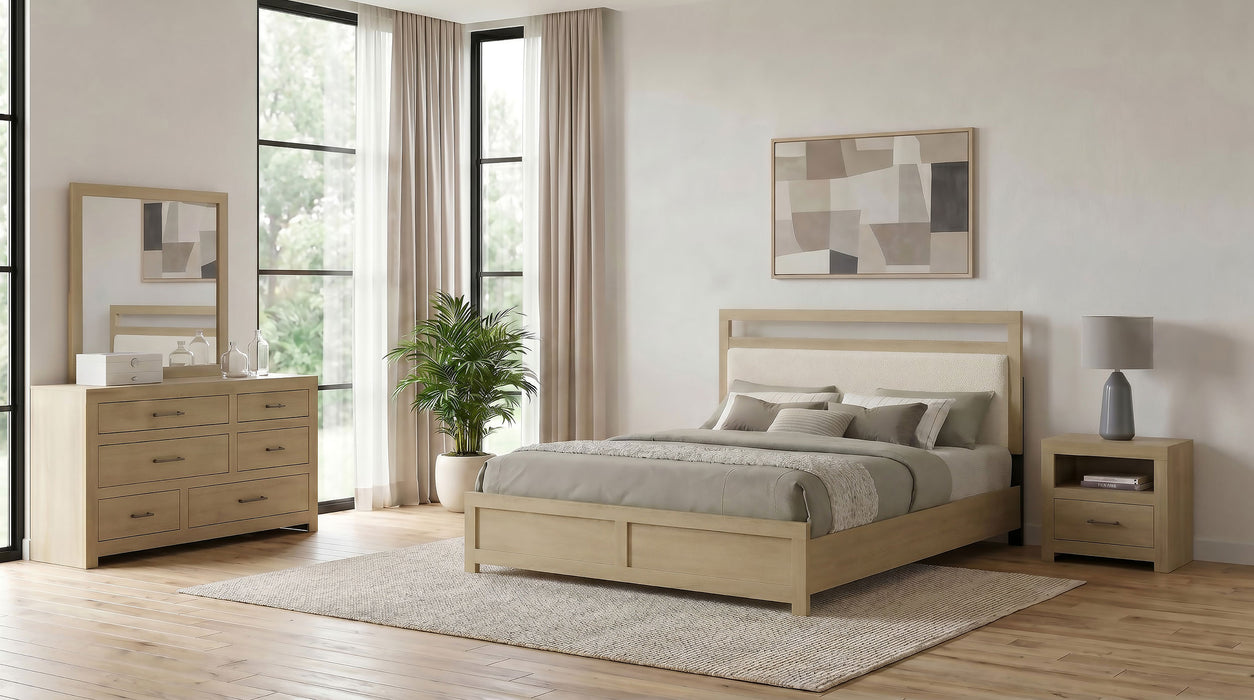Hendricks 4-piece Eastern King bedroom set by CoasterEveryday features light oak finish, including bed frame, nightstands, and dresser.