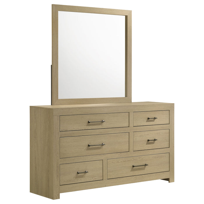 Light oak Hendricks 6-drawer bedroom dresser with matching mirror, featuring modern furniture design by CoasterEveryday.