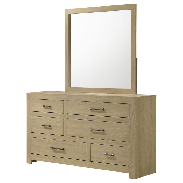 Light oak Hendricks 6-drawer bedroom dresser with mirror from CoasterEveryday, featuring sleek handles and spacious storage drawers.
