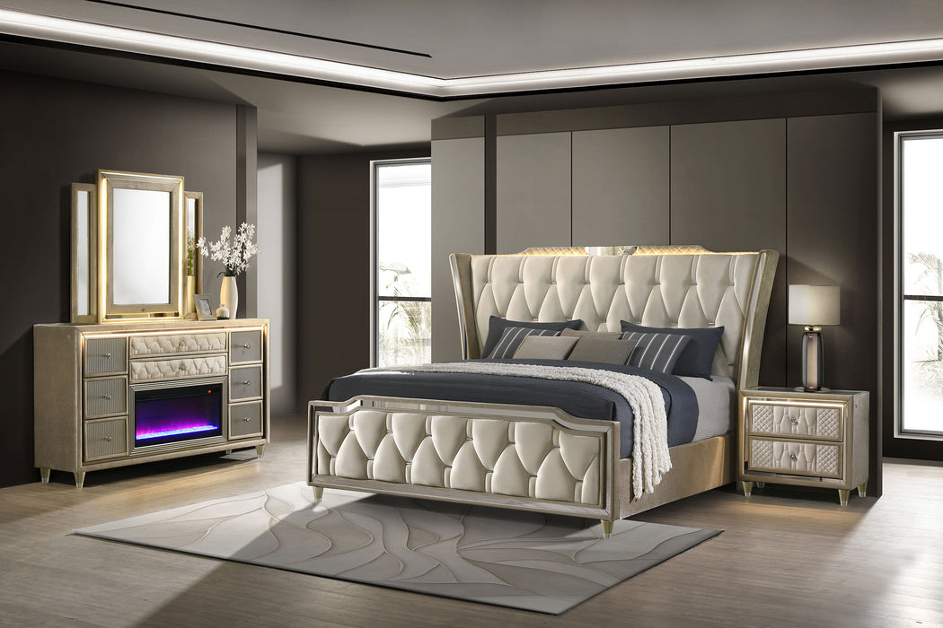 CoasterEveryday Lorient 4-piece California King bedroom set in ivory and camel with bed frame and matching furniture pieces.