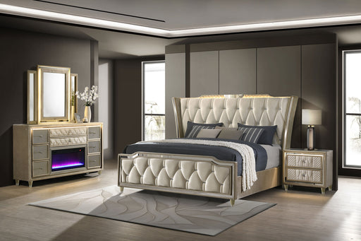 CoasterEveryday Lorient 4-piece California King bedroom set in ivory and camel with bed frame and matching furniture pieces.
