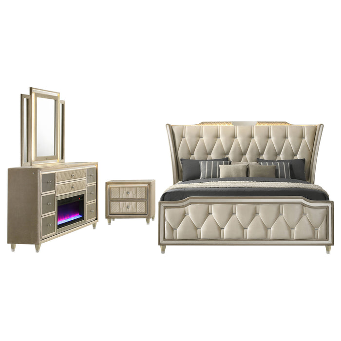 Lorient 4-piece California King bedroom set by CoasterEveryday in ivory and camel with a bed, nightstands, and dresser.