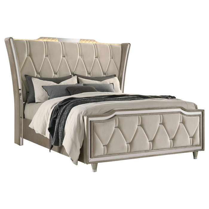 Lorient Queen LED Upholstered Wingback Bed Ivory and Camel