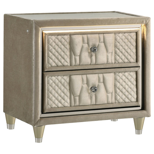 Lorient LED nightstand with 2 drawers, USB port, in ivory and camel finish, modern furniture by CoasterEveryday.