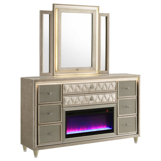 Lorient 8-drawer LED flame box dresser and mirror in ivory camel finish by CoasterEveryday, showcasing modern furniture design.