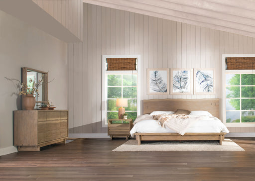 CoasterEveryday Stillwater 4-piece Queen bedroom set with a bed frame, nightstands, and dresser in a modern bedroom scene.