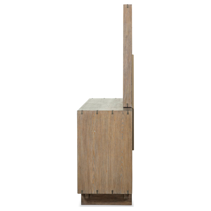 Weathered oak Stillwater dresser with mirror, featuring sleek furniture design and sturdy wood construction.
