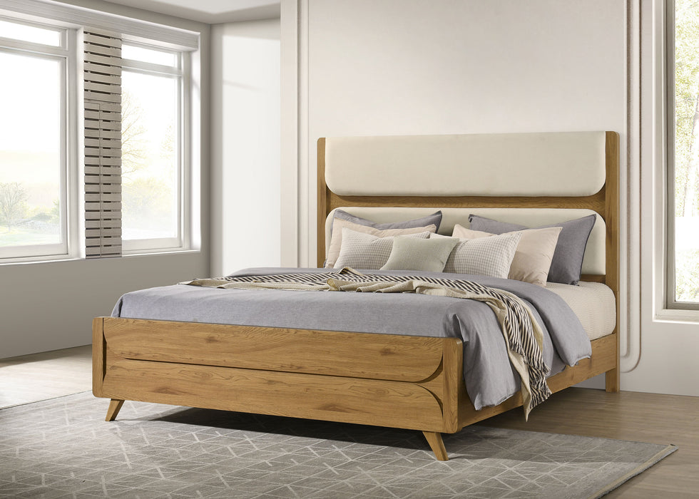 Eastern King Mid-Century Fabric Upholstered Panel Bed in light oak wood with a sleek, modern design and soft fabric headboard.