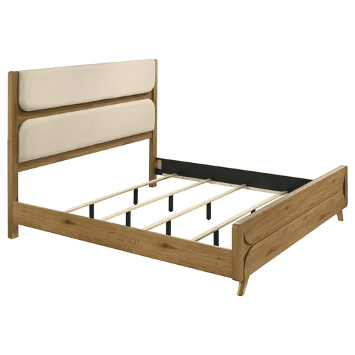 Light oak Bennett Eastern King Mid-Century fabric upholstered panel bed by CoasterEveryday, showcasing the headboard and frame.