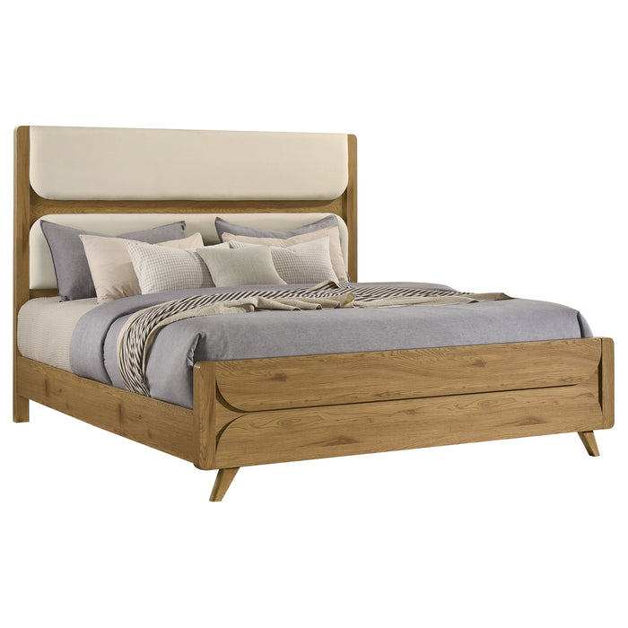 Bennett Eastern King Mid-Century Fabric Upholstered Panel Bed Light Oak