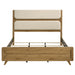 Eastern King mid-century fabric upholstered panel bed in light oak finish, featuring sleek wooden frame and cushioned headboard.