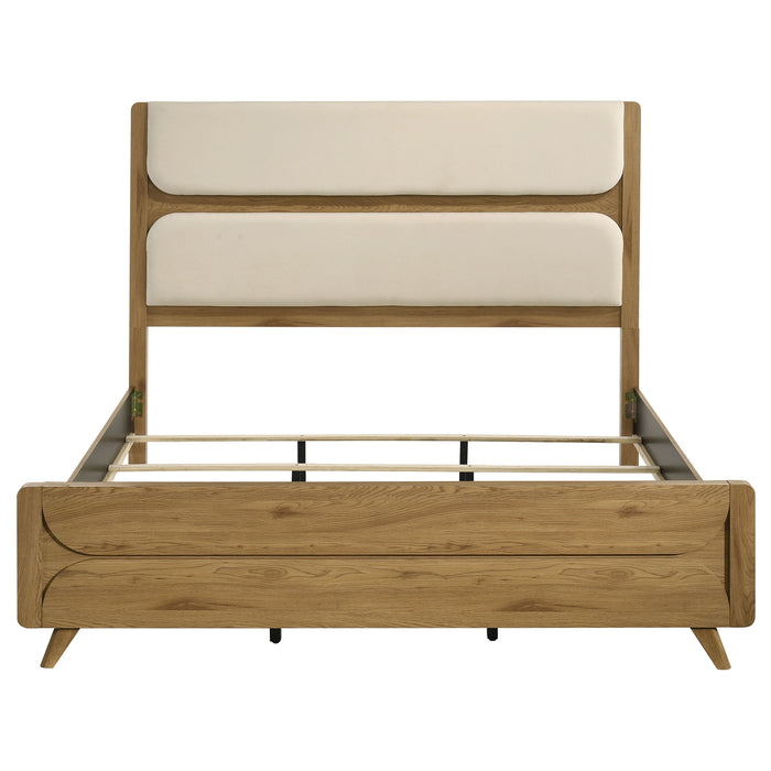 Bennett Eastern King Mid-Century Fabric Upholstered Panel Bed Light Oak